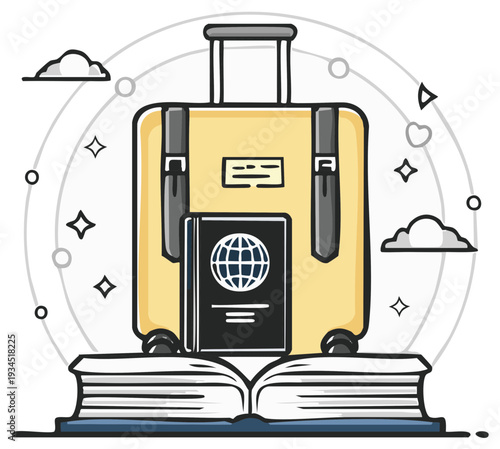 Travel Essentials Luggage Passport and Book Vacation Planning Concept Art
