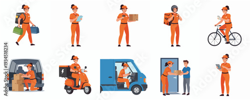 Cartoon Style Various Delivery Person and Transportation Methods Character Set