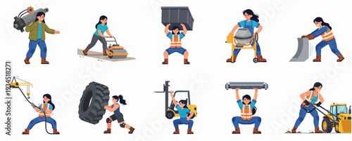 Cartoonish Flat Illustration Set of Strong Woman Construction Worker Character