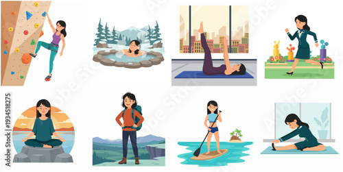 Flat Illustration Active Woman Performing Different Sport and Recreational Activities Set