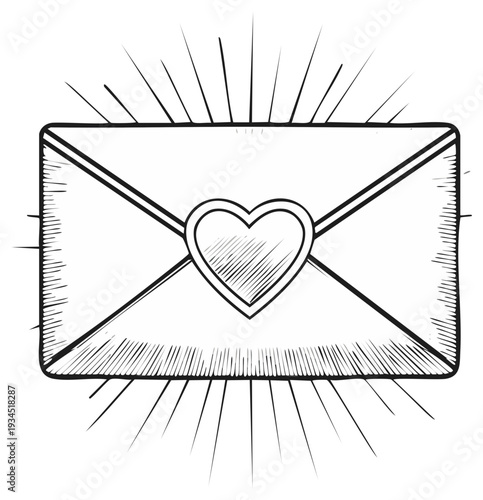 Hand drawn love letter envelope with a heart seal in a vintage sketch style