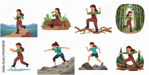 Cartoon Style Woman Character Running in Nature Different Poses Illustration