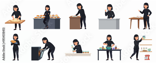 Flat Design Woman Baker Different Activities in the Bakery Illustration Set