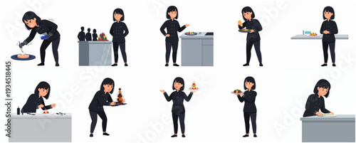 Simple Flat Chef Character Female Different Poses with Kitchen Tools Illustration
