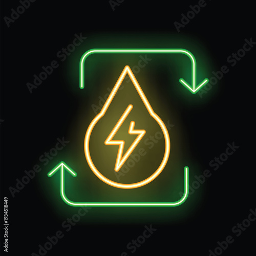 Neon sign depicting the sustainable process of hydroelectricity generation using water and turbines to create renewable energy