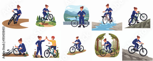 Dynamic Flat Style Mountain Bike Cyclist Doing Various Stunts Illustration