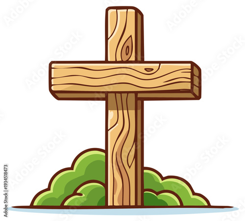 Cartoon wooden cross with green bushes, Christian religion symbolism