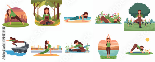 Flat Design Woman Doing Various Yoga Poses Outdoor Landscape Illustration