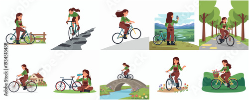 Cute Cartoon Illustration Set of a Woman Riding Bicycle in Nature