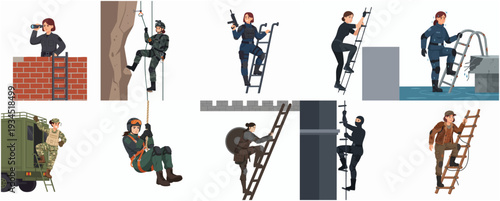 Flat Character Security Guard Working Different Actions Emoticon Illustration