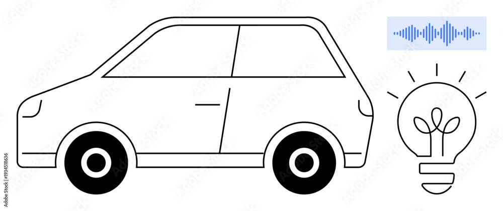 Naklejka premium Electric vehicle concept. Electric vehicle, innovation by light bulb, and sound wave for technology integration. Electric mobility, environmental sustainability, and smart energy. Ideal