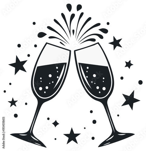 Vector graphic illustration of two elegant champagne flutes toasting with effervescent bubbles and celebratory star confetti