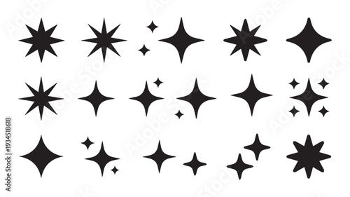 Collection of vector glitter star shapes and shiny sparkle icons for creative graphic design projects, adding a dazzling and festive touch