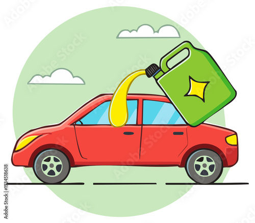 Cartoon of a red car being filled with fuel from a green gas container
