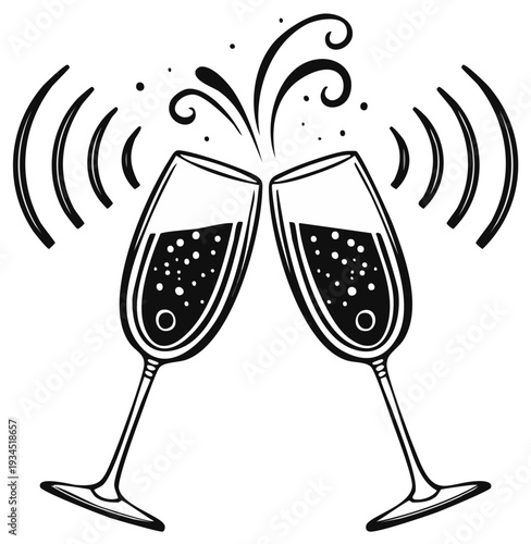 Cheers to Celebration Toasted Champagne Flutes with Bubbles and Sound Waves