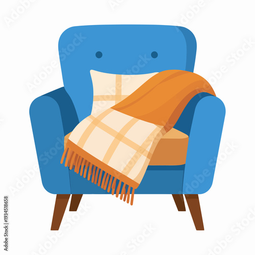 A cozy living room scene captured from a frontal viewpoint, featuring a vibrant blue armchair with a yellow‑orange plaid blanket and matching pillow, photographed for catalog use