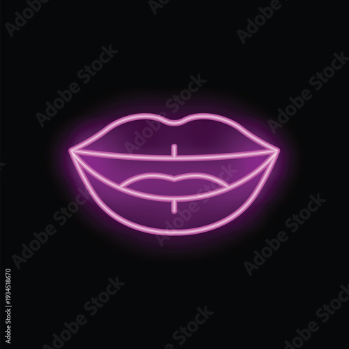 Pair of smiling neon pink lips is glowing against a black background