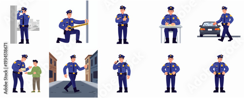Flat Character Design of Policeman Doing Daily Activity Set Illustration