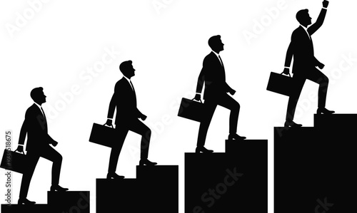 Businessman climbing stairs to success silhouette, career growth concept with briefcase, corporate achievement and professional development vector illustration