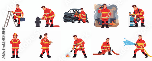 Flat Cartoon Firefighter Character In Different Situations Profession Occupation Illustration