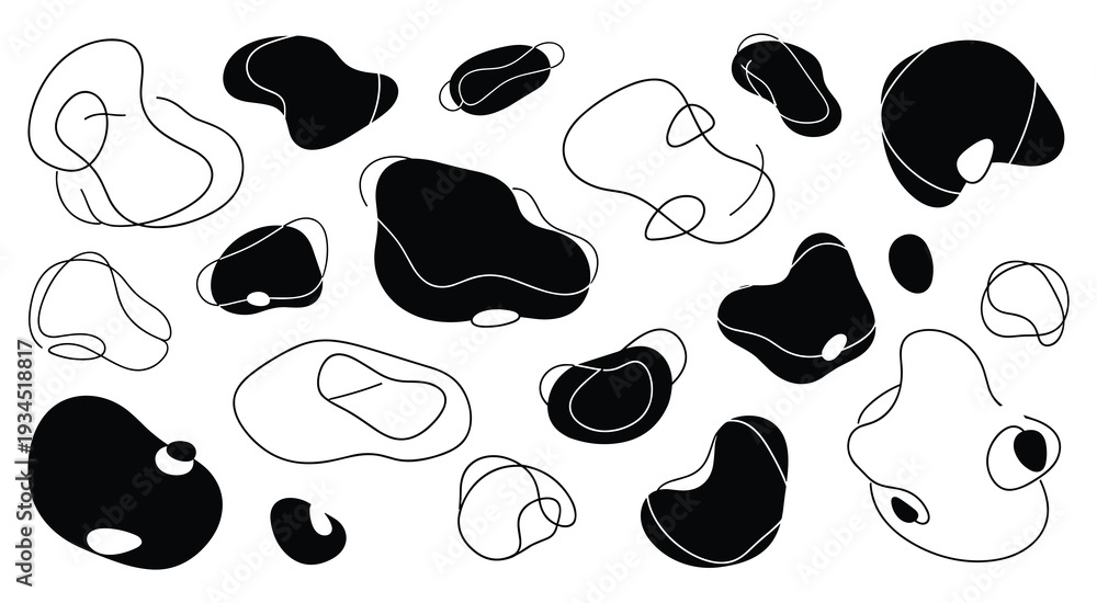 Fototapeta premium Abstract organic shapes with line art and black silhouettes for design