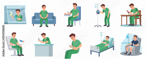 Flat Style Doctor Patient Treatment Process and Recovery Stages Illustration