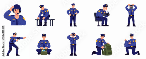 Flat Illustration of Policeman Character in Various Poses Activity and Actions