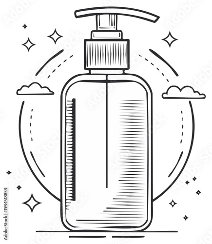 Hand sanitizer dispenser in decorative vector line art style surrounded by clouds and stars