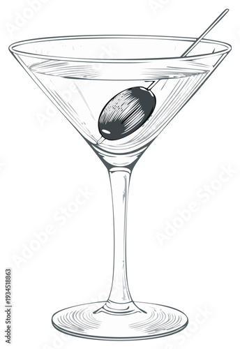 Hand drawn illustration of a Martini cocktail with olive garnish