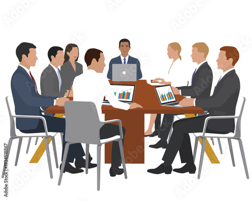 Diverse business team members collaborate around a large conference table with.