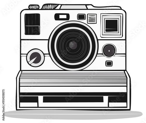 Illustration of a vintage instant photo camera with lens and details, stylized graphic monochrome drawing on white