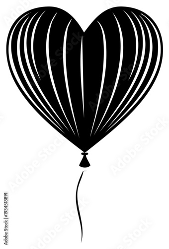Black heart-shaped balloon with thin internal line details, simple design, love and romance concept