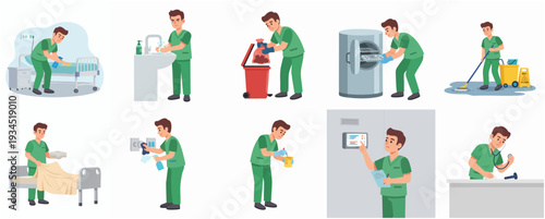 Modern Flat Cleaning Attendant Doing Various Sanitation Tasks in the Hospital Illustration
