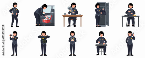 Flat Design Various Poses of Female Police Officer in Different Scenarios Illustration