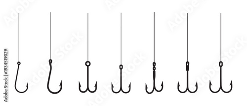 Collection of Various Fishing Hooks. Single and Treble, Isolated on White Background, Fishing Gear Detail.
