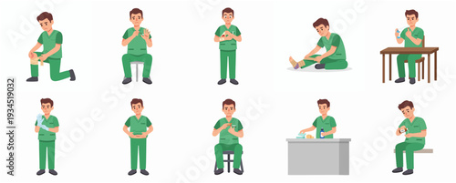 Flat Style Detail Male Nurse Activity Character Design Occupation Set