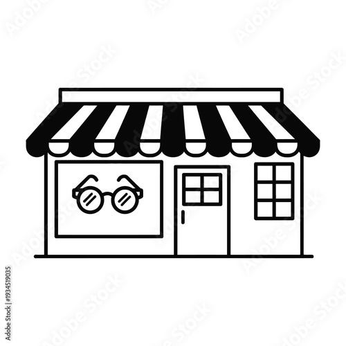 Minimalist black and white illustration of a quaint eyeglasses shop with striped awning inviting customers inside