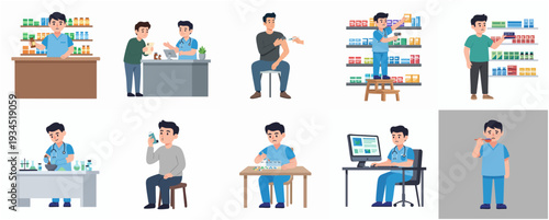 Simple Flat Illustration Various Activities of Pharmacist and Patient in Pharmacy