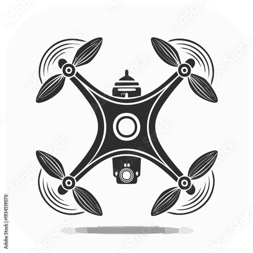 Black Silhouette of a Quadcopter Drone with Camera and Propellers in Flight