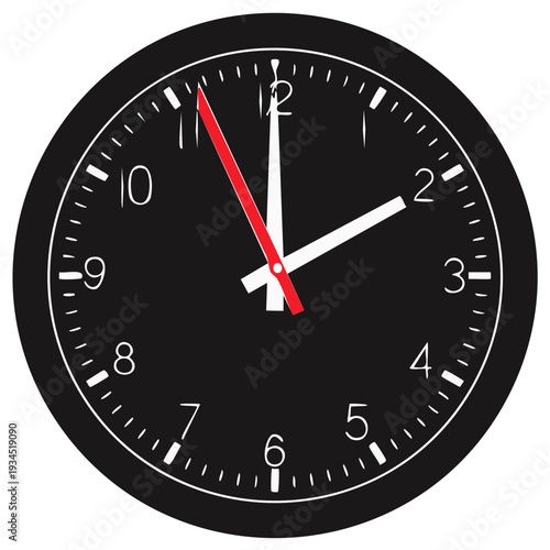 Black analog clock displaying two o'clock with white numerals and hands plus a red second hand