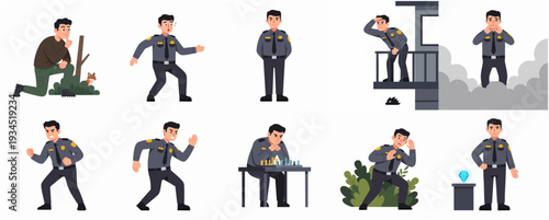 Flat Illustration Policeman Character in Various Actions, Poses and Situations