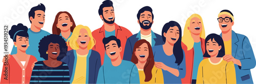 Diverse group of young adults standing together in a vibrant illustration from a front viewpoint