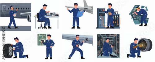 Flat Style Aviation Mechanic Character in Different Activities Illustration