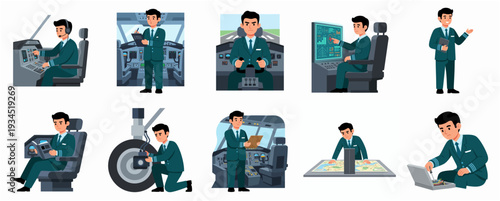 Cartoon Style Airplane Pilot in Various Poses Illustration Set