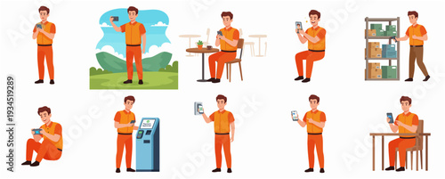Flat Illustration Set of Man Using Smartphone in Various Lifestyle Activities