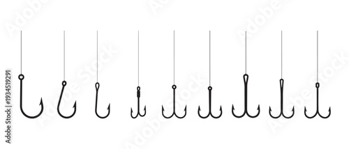Fishing Hooks Collection. Assorted Single and Treble Hooks Hanging Isolated on White Background, Fishing Tackle Variety.