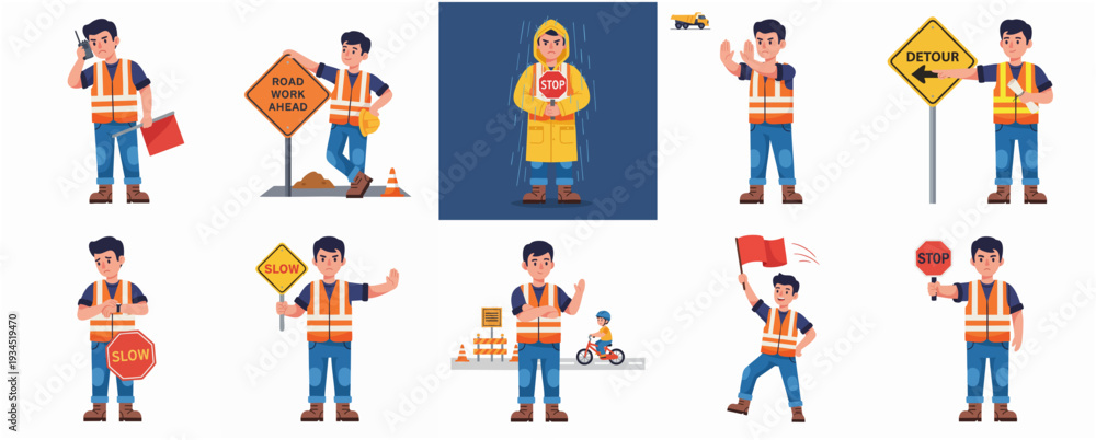 Fototapeta premium Cartoon Road Construction Worker Set Illustration with Traffic Sign and Equipment