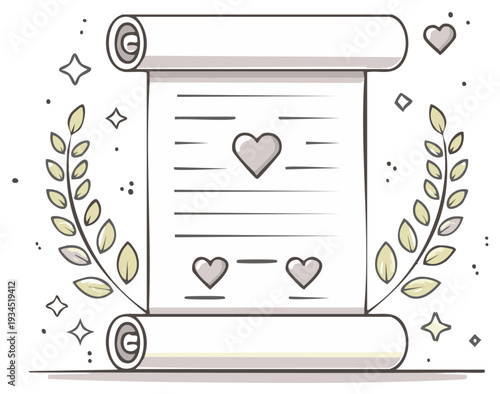 Hand-drawn scroll with heart symbols and laurel branches, representing love and celebration