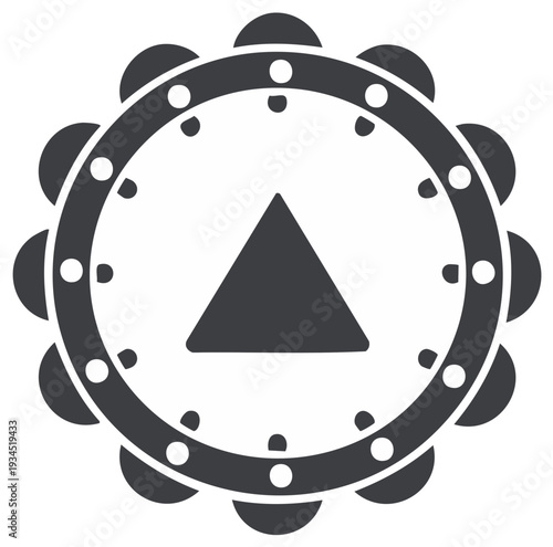 Stylized Tambourine Silhouette with Triangle Accent Round Frame Edged with Semicircles and Metal Jingle Discs Musical Instrument Icon