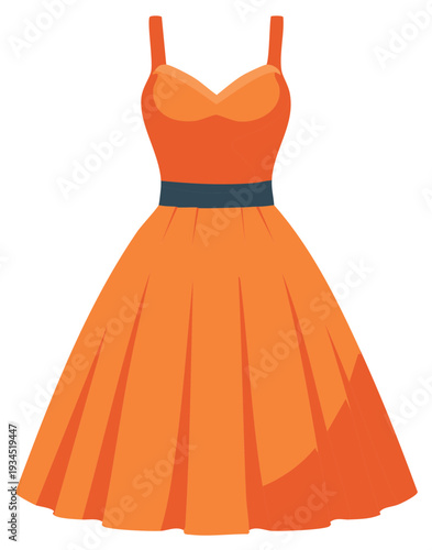 Classic Cocktail Dress Illustration in Orange with Blue Belt Summer Fashion